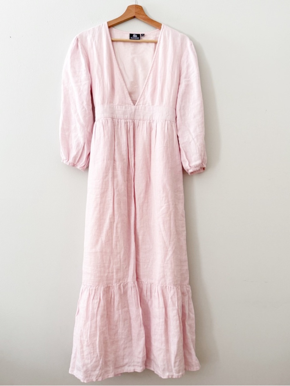 Madison Mathews Linen Maxi Dress Light Pink Deep V Neck Long Sleeve Women medium